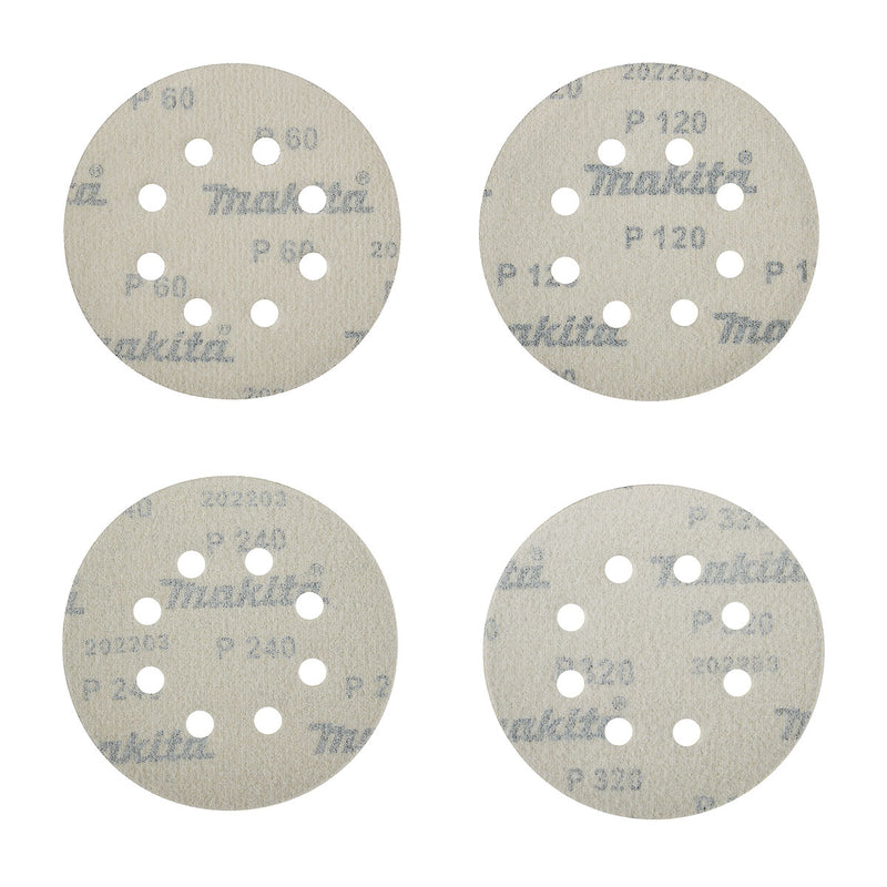 Hộp 20 giấy nhám tròn đục lỗ 125mm ( 5 inch ) Makita D-77229 cho gỗ, sơn, kim loại cỡ hạt từ A60-A320 dùng với đế gai ( Cấp 2 sao )