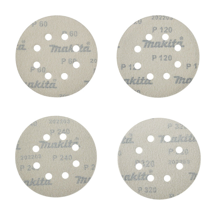 Hộp 20 giấy nhám tròn đục lỗ 125mm ( 5 inch ) Makita D-77229 cho gỗ, sơn, kim loại cỡ hạt từ A60-A320 dùng với đế gai ( Cấp 2 sao )