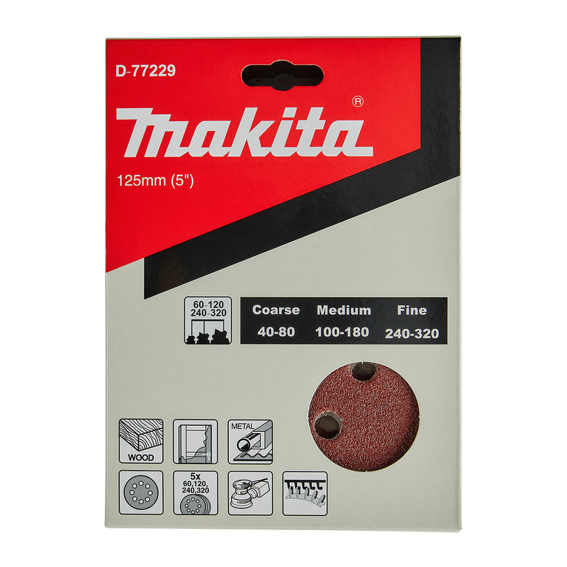 Hộp 20 giấy nhám tròn đục lỗ 125mm ( 5 inch ) Makita D-77229 cho gỗ, sơn, kim loại cỡ hạt từ A60-A320 dùng với đế gai ( Cấp 2 sao )