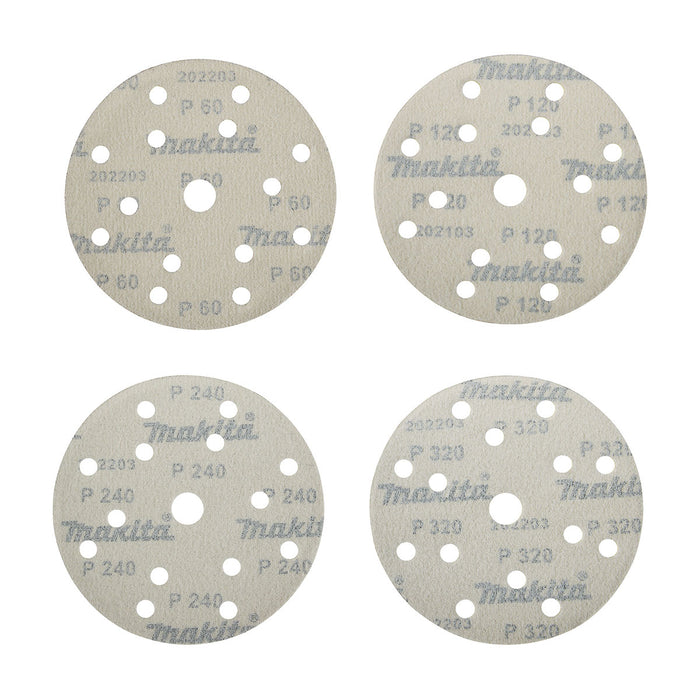 Hộp 20 giấy nhám tròn đục lỗ 150mm ( 6 inch ) Makita D-77235 cho gỗ, sơn, kim loại cỡ hạt từ A60-A320 dùng với đế gai ( Cấp 2 sao )