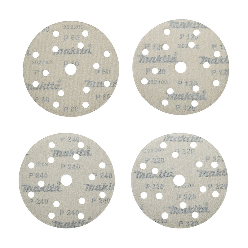 Hộp 20 giấy nhám tròn đục lỗ 150mm ( 6 inch ) Makita D-77235 cho gỗ, sơn, kim loại cỡ hạt từ A60-A320 dùng với đế gai ( Cấp 2 sao )