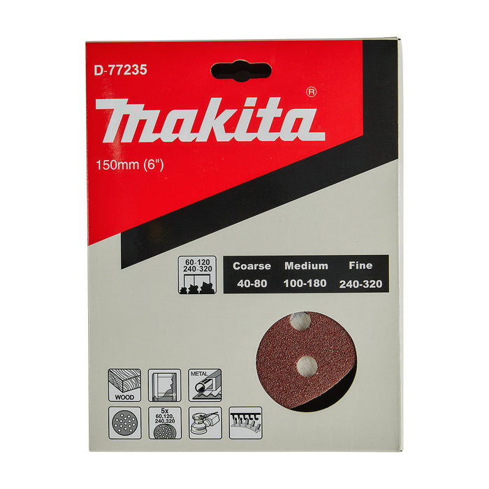 Hộp 20 giấy nhám tròn đục lỗ 150mm ( 6 inch ) Makita D-77235 cho gỗ, sơn, kim loại cỡ hạt từ A60-A320 dùng với đế gai ( Cấp 2 sao )
