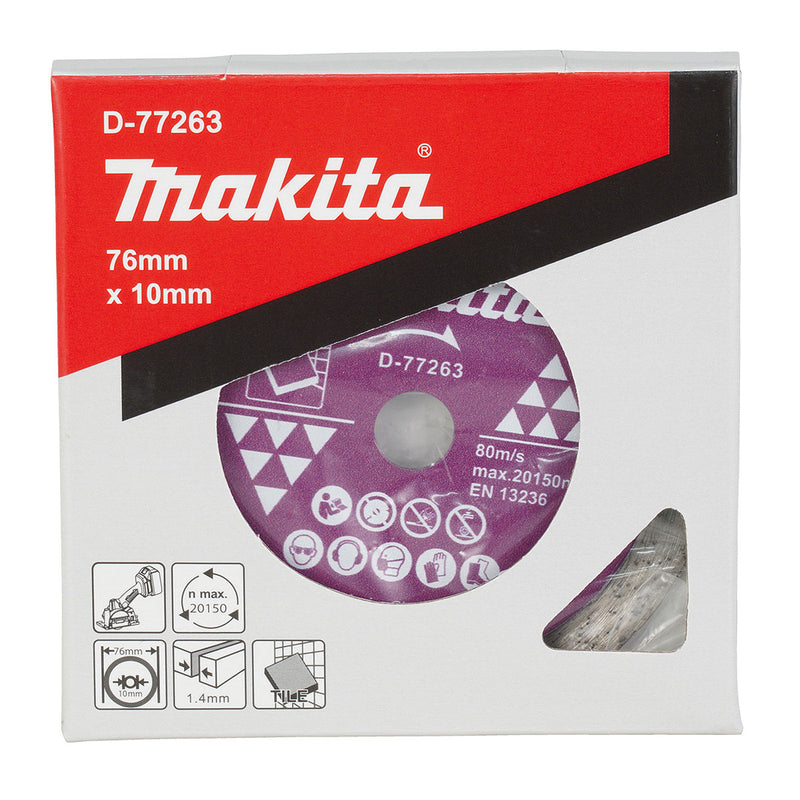 Lưỡi cắt kim cương 76mm kiểu mép phẳng Makita D-77263 dùng cho gạch, lỗ cốt 10mm, cắt khô tương thích với máy DMC300 ( Cấp 2 sao )