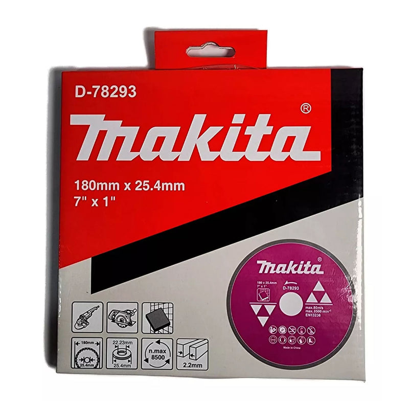 Lưỡi cắt kim cương 180mm kiểu mép phẳng Makita D-78293 dùng cho gạch ngói, lỗ cốt 25.4mm, cắt khô & nước, đạt tiêu chuẩn EN13236 ( Cấp 1 sao )