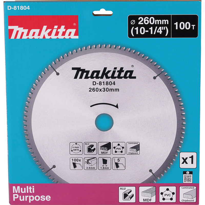 Lưỡi cưa đa vật liệu TCT Makita D-81804 đường kính 260mm, 100 răng, lỗ cốt 30mm