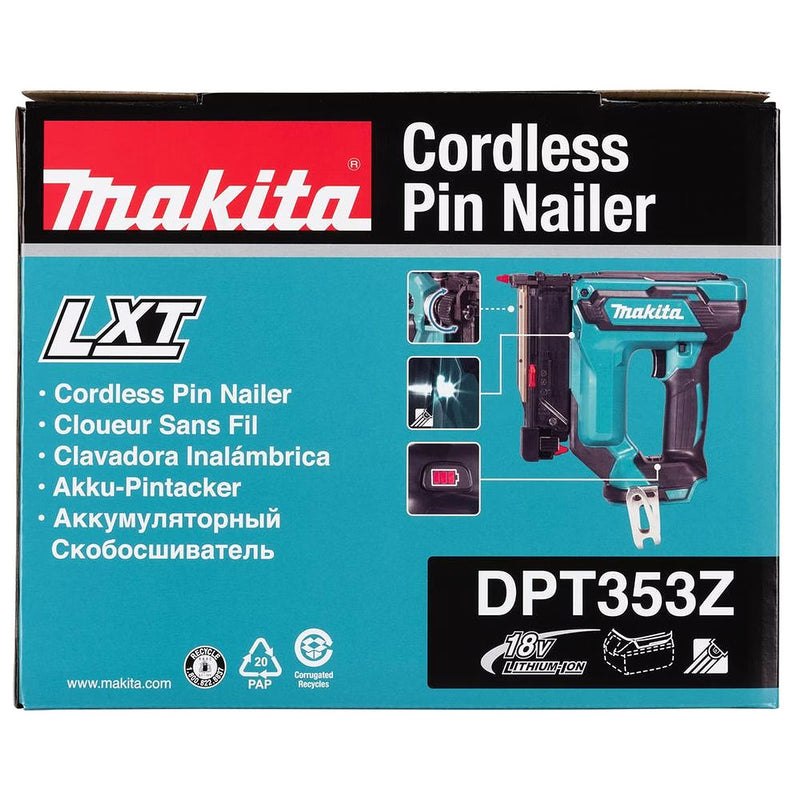 Máy bắn đinh chỉ không đầu Makita DPT353 dùng Pin 18V LXT, kích thước đinh 15-35mm, cở đinh 23Ga