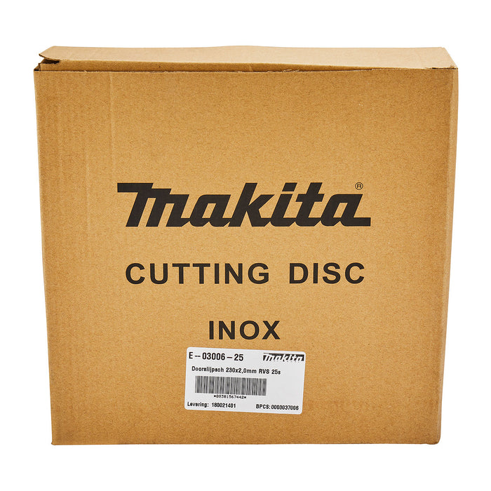 Hộp 25 đá cắt Inox loại mỏng 230mm ( 9 inch ) Makita E-03006-25 dày 2mm, lỗ cốt 22.23mm ( 7/8 inch ) tương thích với máy cắt hạng nặng dùng Pin ( Cấp 3 sao )