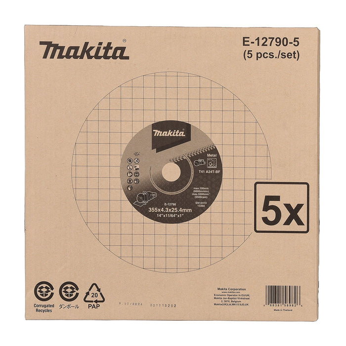 Hộp 5 lưỡi đá cắt kim loại 355mm ( 14 inch ) Makita E-12790-5 dày 4.3mm, lỗ cốt 25.4mm ( 1 inch ) tương thích với máy cắt hạng nặng dùng Pin ( Cấp 4 sao )