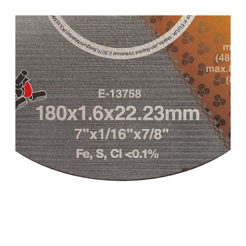Đá cắt Inox 180mm ( 7 inch ) Makita E-13758 dày 1.6mm, lỗ cốt 22.23mm ( 7/8 inch ) đĩa phẳng ( Cấp 3 sao )