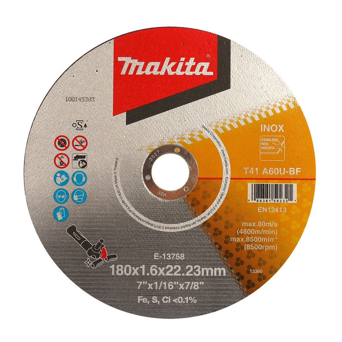 Đá cắt Inox 180mm ( 7 inch ) Makita E-13758 dày 1.6mm, lỗ cốt 22.23mm ( 7/8 inch ) đĩa phẳng ( Cấp 3 sao )