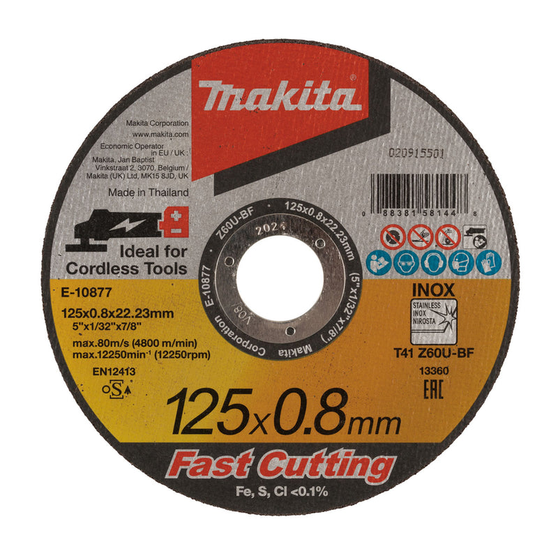 Đá cắt Inox 125mm ( 5 inch ) loại siêu mỏng, cắt nhanh đường cắt đẹp Makita dày 0.8mm, lỗ cốt 22.23mm ( 7/8 inch ) đĩa phẳng dùng cho máy mài góc Pin ( Cấp 4 sao )