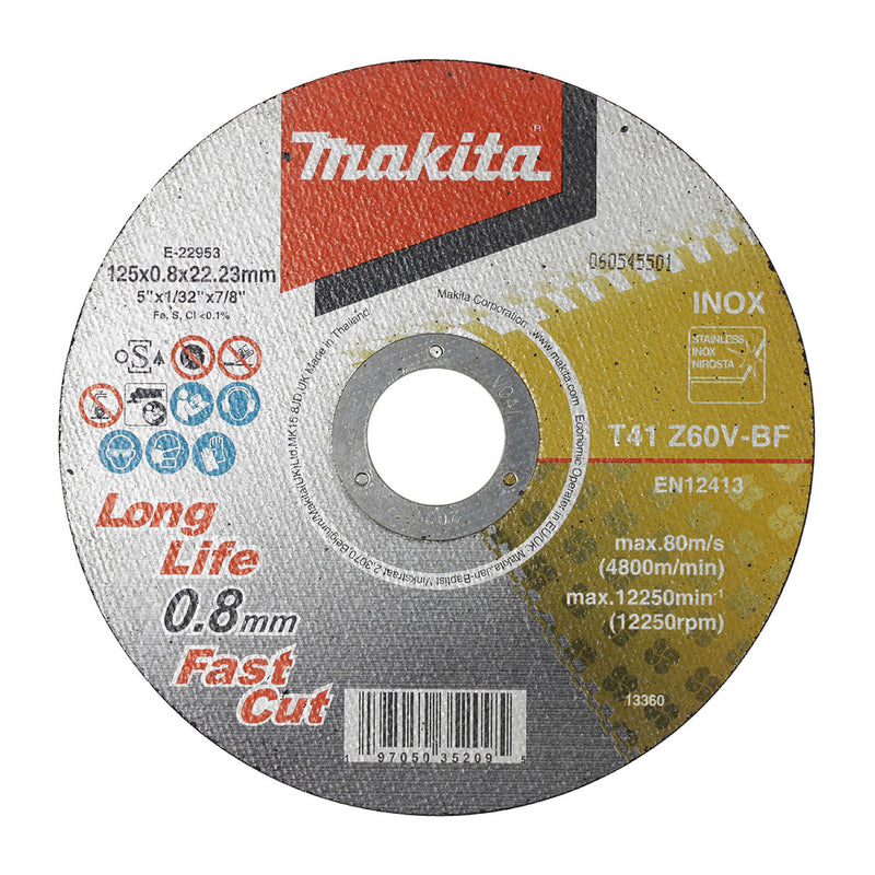 Đá cắt Inox 125mm ( 5 inch ) loại siêu mỏng, cắt nhanh đường cắt đẹp Makita dày 0.8mm, lỗ cốt 22.23mm ( 7/8 inch ) đĩa phẳng dùng cho máy mài góc Pin ( Cấp 4 sao )