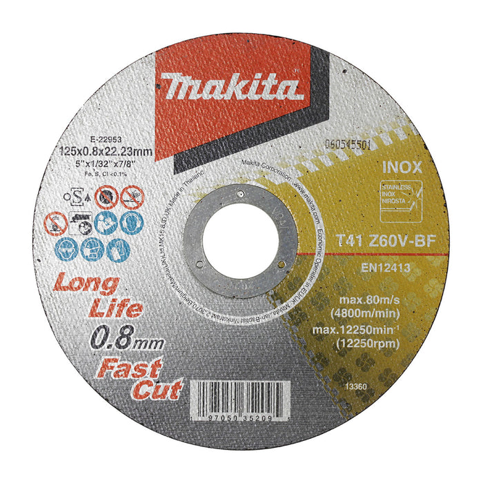 Đá cắt Inox 125mm ( 5 inch ) loại siêu mỏng, cắt nhanh đường cắt đẹp Makita dày 0.8mm, lỗ cốt 22.23mm ( 7/8 inch ) đĩa phẳng dùng cho máy mài góc Pin ( Cấp 4 sao )