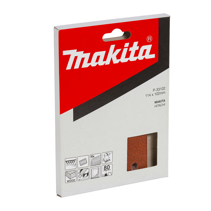 Hộp 10 giấy nhám vuông đục lỗ 114x102mm Makita cho gỗ, kim loại, tẩy sơn bề mặt dùng với đế gai tương tích với máy BO4555