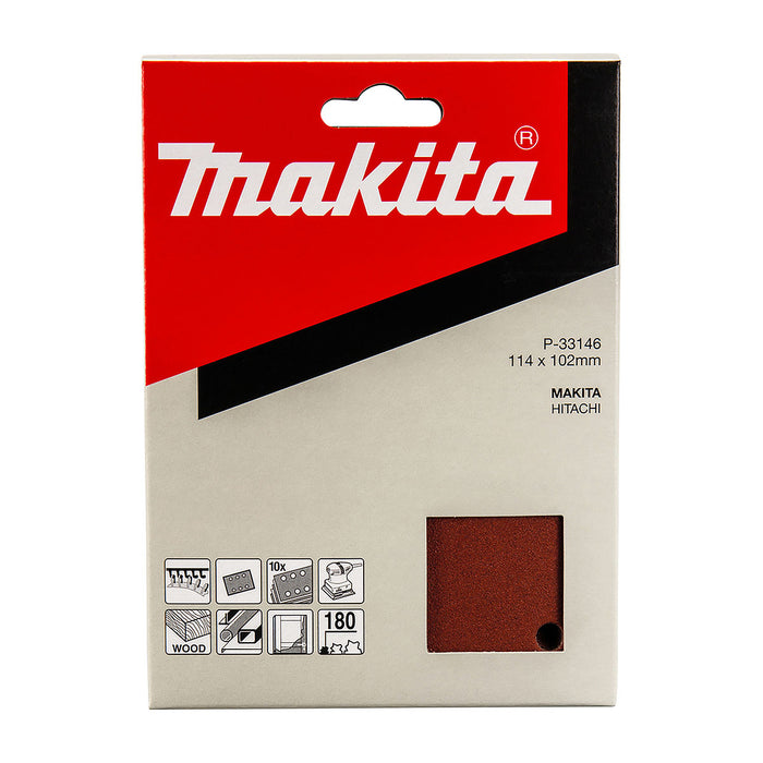 Hộp 10 giấy nhám vuông đục lỗ 114x102mm Makita cho gỗ, kim loại, tẩy sơn bề mặt dùng với đế gai tương tích với máy BO4555