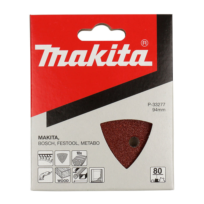 Hộp 10 giấy nhám tam giác 94mm Makita cho gỗ, kim loại tương thích với máy BO4565