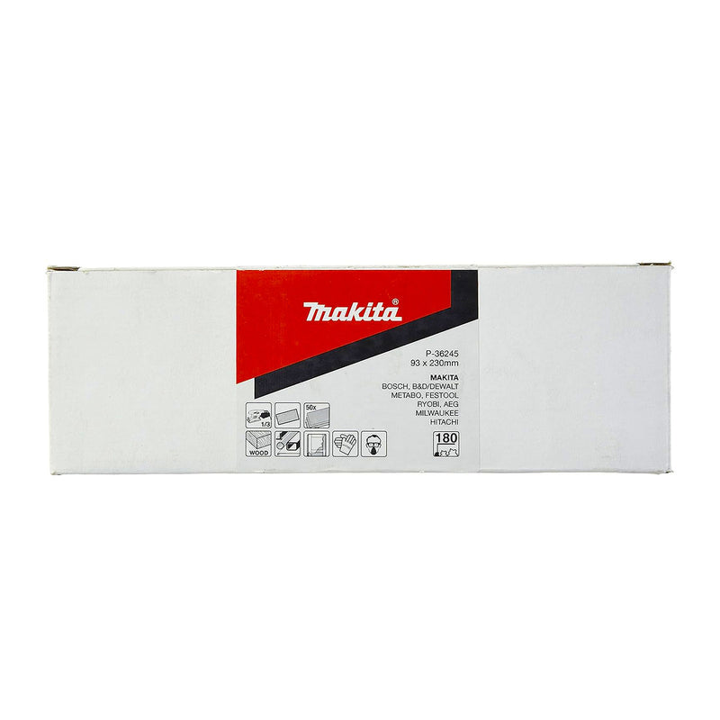 Hộp 50 giấy nhám chữ nhật 93x228mm Makita cho gỗ, kim loại tẩy sơn bề mặt dùng với đế gai tương thích với các máy BO3710, BO3711