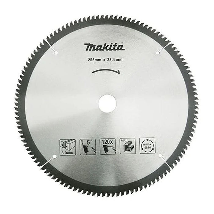 Lưỡi cưa nhôm TCT Makita dòng sản phẩm kinh tế đường kính 255mm, số răng từ 100-120 kiểu TCG, lỗ cốt 25.4mm dùng cho máy cưa đa góc, đa góc trượt ( Cấp 2 sao )