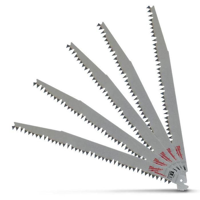 Hộp 5 lưỡi cưa kiếm Bi-Metal Milwaukee dùng cho gỗ mềm và cây xanh, số răng 5 TPI, chiều dài từ 230 - 300mm