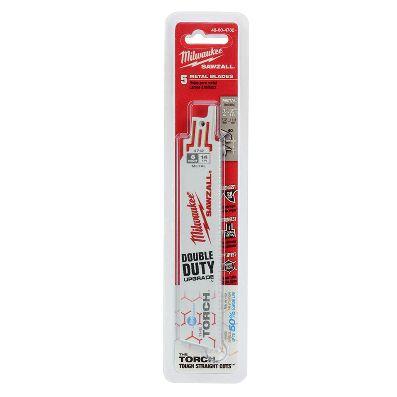 Hộp 5 lưỡi cưa kiếm Bi-Metal-Co dòng The Torch Milwaukee dùng cho Inox , số răng 14 TPI, chiều dài từ 152 - 228mm