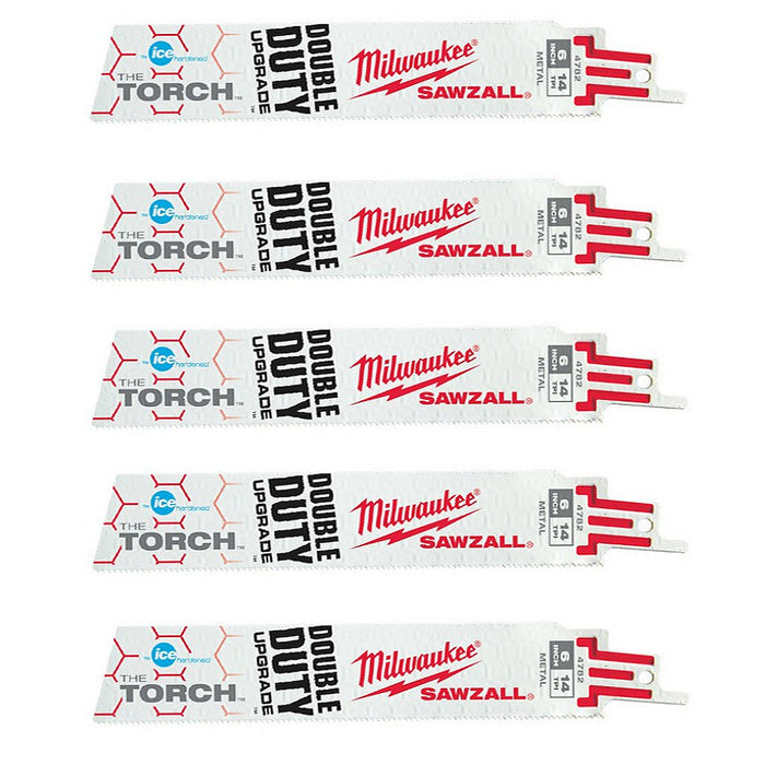 Hộp 5 lưỡi cưa kiếm Bi-Metal-Co dòng The Torch Milwaukee dùng cho Inox , số răng 14 TPI, chiều dài từ 152 - 228mm
