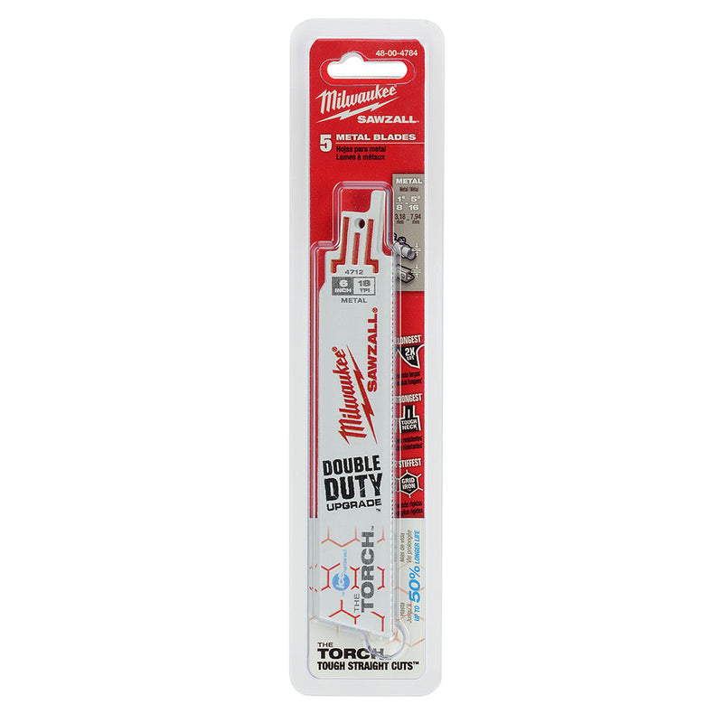 Hộp 5 lưỡi cưa kiếm Bi-Metal-Co dòng The Torch Milwaukee dùng cho Inox , số răng 18 TPI, chiều dài từ 152 - 228mm