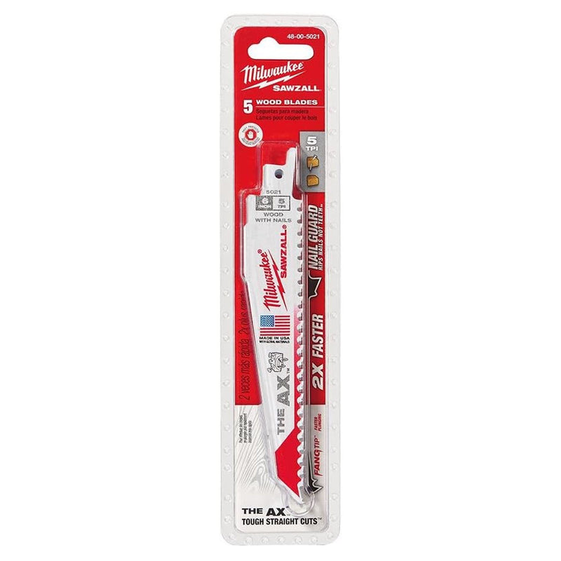 Hộp 5 lưỡi cưa kiếm TCT dòng The AX™ Milwaukee dùng cho gỗ, số răng 5 TPI, chiều dài từ 150 - 300mm