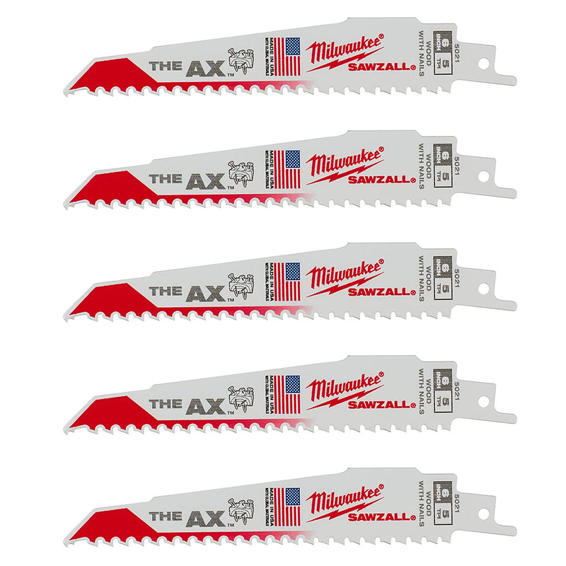 Hộp 5 lưỡi cưa kiếm TCT dòng The AX™ Milwaukee dùng cho gỗ, số răng 5 TPI, chiều dài từ 150 - 300mm