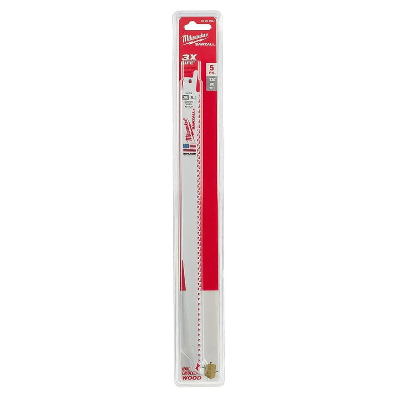 Hộp 5 lưỡi cưa kiếm Bi-Metal-Co dòng Thin Kerf Milwaukee dùng cho gỗ, số răng 5 TPI, chiều dài từ 150 - 300mm