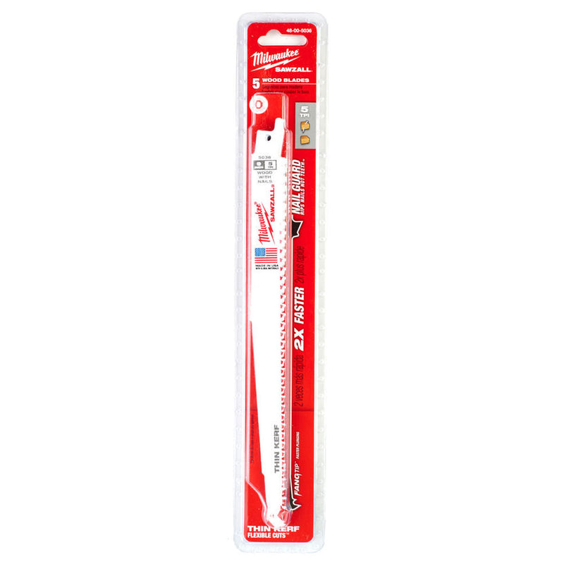 Hộp 5 lưỡi cưa kiếm Bi-Metal-Co dòng Thin Kerf Milwaukee dùng cho gỗ, số răng 5 TPI, chiều dài từ 150 - 300mm