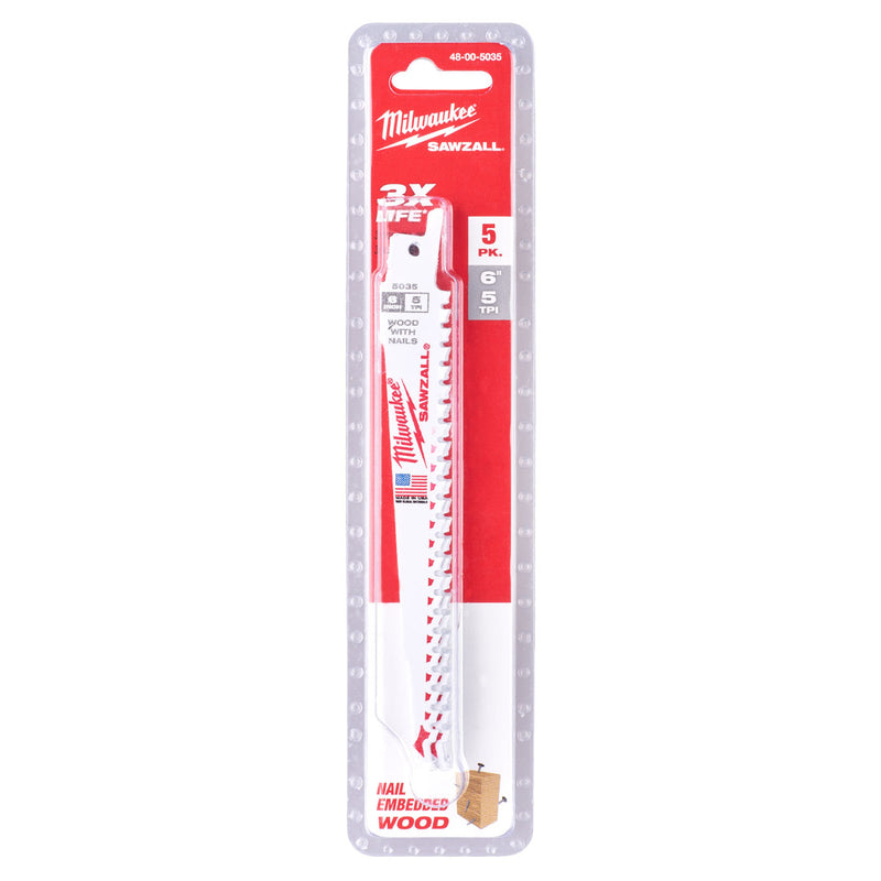 Hộp 5 lưỡi cưa kiếm Bi-Metal-Co dòng Thin Kerf Milwaukee dùng cho gỗ, số răng 5 TPI, chiều dài từ 150 - 300mm