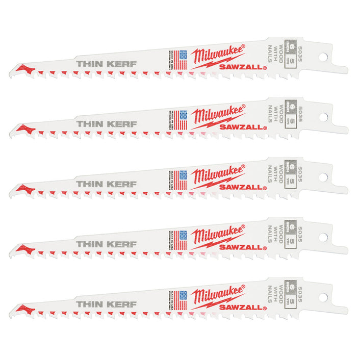 Hộp 5 lưỡi cưa kiếm Bi-Metal-Co dòng Thin Kerf Milwaukee dùng cho gỗ, số răng 5 TPI, chiều dài từ 150 - 300mm