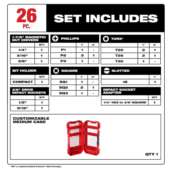 Bộ mũi vặn vít 26 chi tiết SHOCKWAVE™ Milwaukee 48-32-4408 đuôi lục giác 6.35mm ( 1/4 inch )