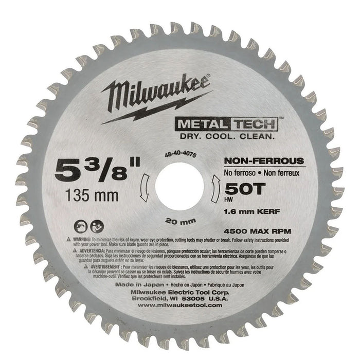 Lưỡi cưa nhôm Milwaukee 48-40-4075 đường kính 135mm, 50 răng kiểu ATB, lỗ cốt 20mm dùng cho máy cưa đĩa