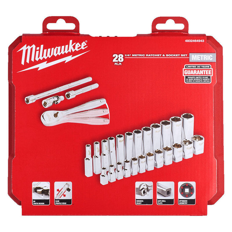 Bộ đầu tuýp và cần siết lực 28 chi tiết Milwaukee 4932464943 cốt 1/4 inch