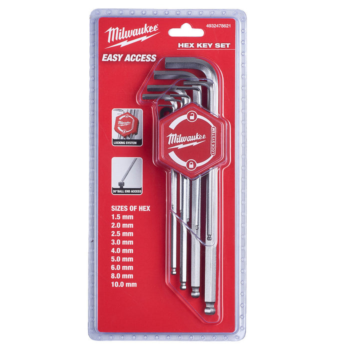 Bộ lục giác đầu bi hệ mét 9 chi tiết Milwaukee 4932 4786 21 kích thước từ 1.5mm - 10mm