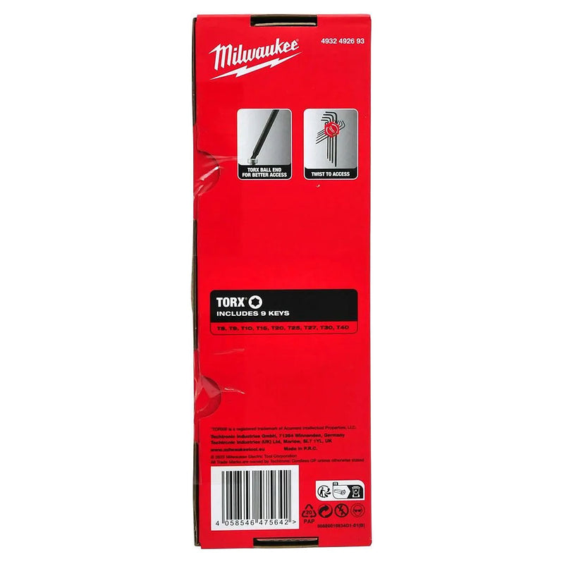 Bộ lục giác đầu sao 9 chi tiết Milwaukee 4932 4926 93 kích thước từ T8 - T40