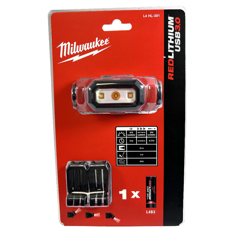 Đèn LED đội đầu Milwaukee L4 HL-301 dùng Pin sạc, độ sáng 475lm