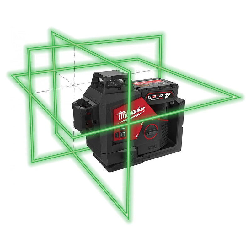 Máy cân mực Laser 3 tia xanh Milwaukee M12 3PL dùng Pin 12V, phạm vi hiển thị 38m