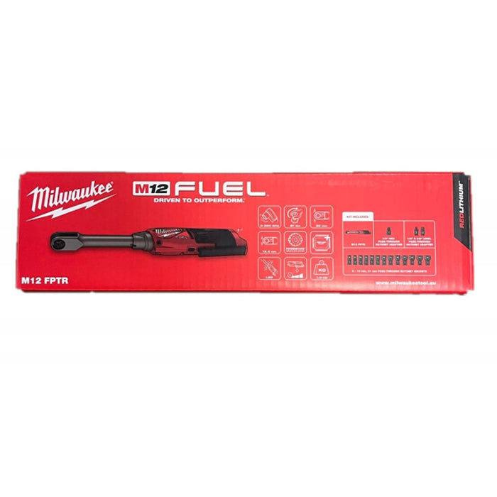 Máy siết bu lông góc xuyên tâm kèm bộ đầu tuýp 16 chi tiết Milwaukee M12 FPTR dùng Pin 12V, dùng được cốt 3/8 inch, 1/2 inch, 1/4 inch