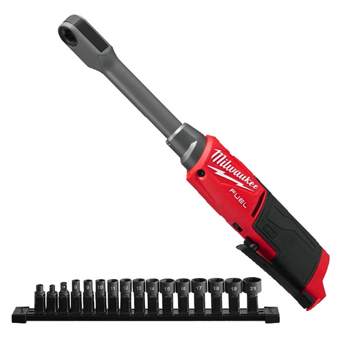 Máy siết bu lông góc xuyên tâm kèm bộ đầu tuýp 16 chi tiết Milwaukee M12 FPTR dùng Pin 12V, dùng được cốt 3/8 inch, 1/2 inch, 1/4 inch