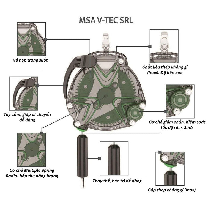 Cuộn cáp hãm chống rơi tự động, loại đơn dòng V-TEC Self-Retracting MSA 63306-00AEU chiều dài 6m, tải trọng 140kg