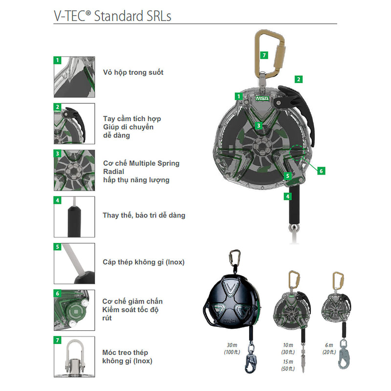 Cuộn cáp hãm chống rơi tự động, loại đơn dòng V-TEC Self-Retracting MSA 63315-00AEU chiều dài 15m, tải trọng 140kg