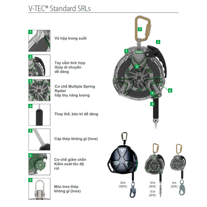 Cuộn cáp hãm chống rơi tự động, loại đơn dòng V-TEC Self-Retracting MSA 63315-00AEU chiều dài 15m, tải trọng 140kg