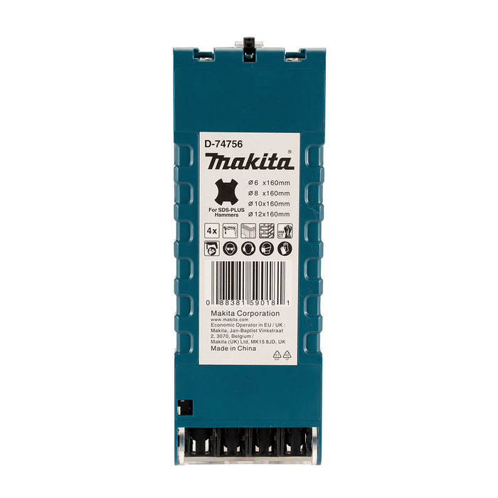 Bộ 4 mũi khoan bê tông TCT loại tiêu chuẩn đuôi gài SDS-Plus Makita D-74756 đường kính mũi từ 6mm-12mm ( Cấp 2 sao )