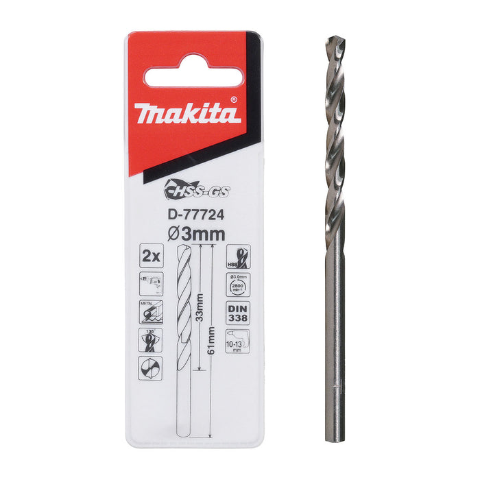 Mũi khoan kim loại HSS-GS Makita, đuôi tròn kích thước từ 1.0mm - 4.0mm, 2 mũi/hộp