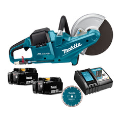 DCE090T2X2: Thân máy + 2 pin 5.0Ah (BL1850B) + Sạc nhanh (DC18RC) + Lưỡi cắt kim cương 230mm (E-02967)
