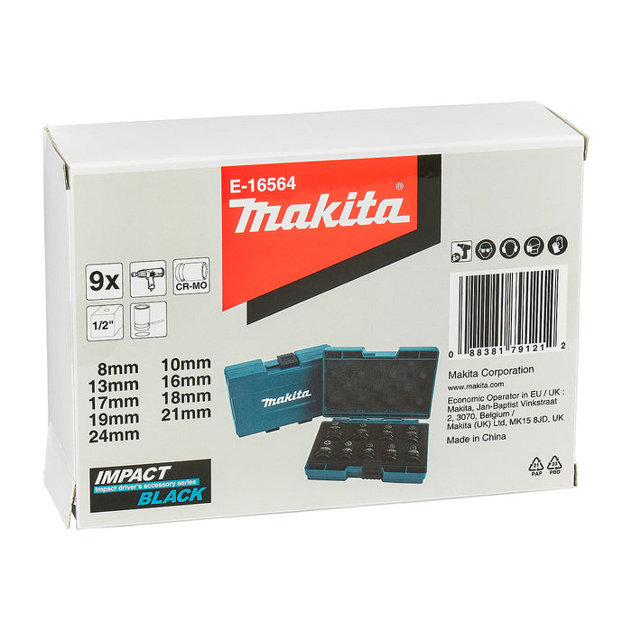 Bộ đầu tuýp 9 chi tiết cốt 1/2 inch Makita E-16564 kích thước từ 8mm-24mm, thép Cr-Mo ( Cấp 3 sao )