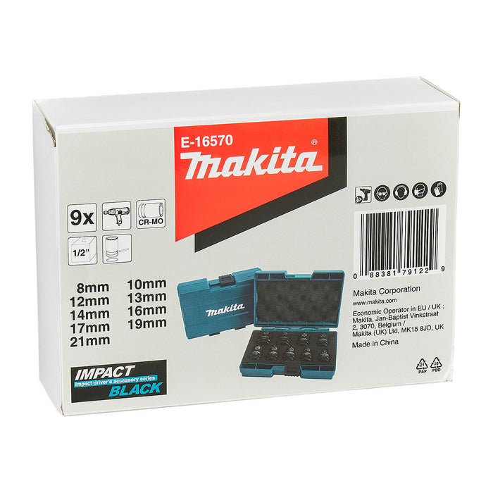 Bộ đầu tuýp 9 chi tiết cốt 1/2 inch Makita E-16570 kích thước từ 8mm-21mm, thép Cr-Mo ( Cấp 3 sao )