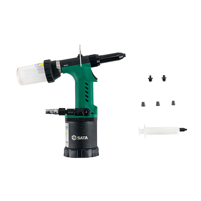 Máy rút  đinh ri vê tự động dùng khí nén kết hợp cơ chế thủy lực SATA, kích thước đinh tán từ Ø3.2 - Ø6.4. Lực rút từ 5800 - 19000N